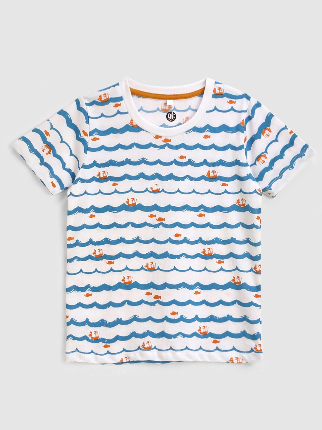 

YK Boys White & Blue Printed Cotton T-shirt