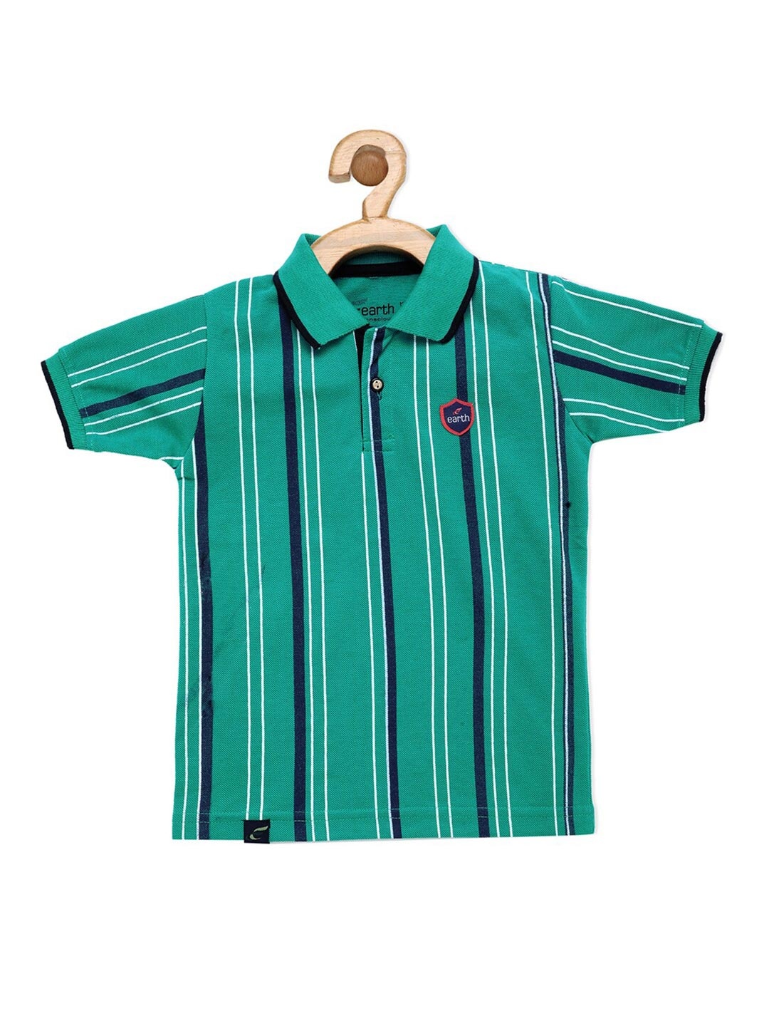 

earth conscious Boys Green Striped Polo Collar Cotton T-shirt