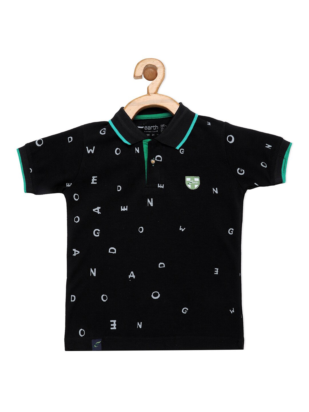 earth conscious Boys Black Printed Polo Collar Cotton T-shirt