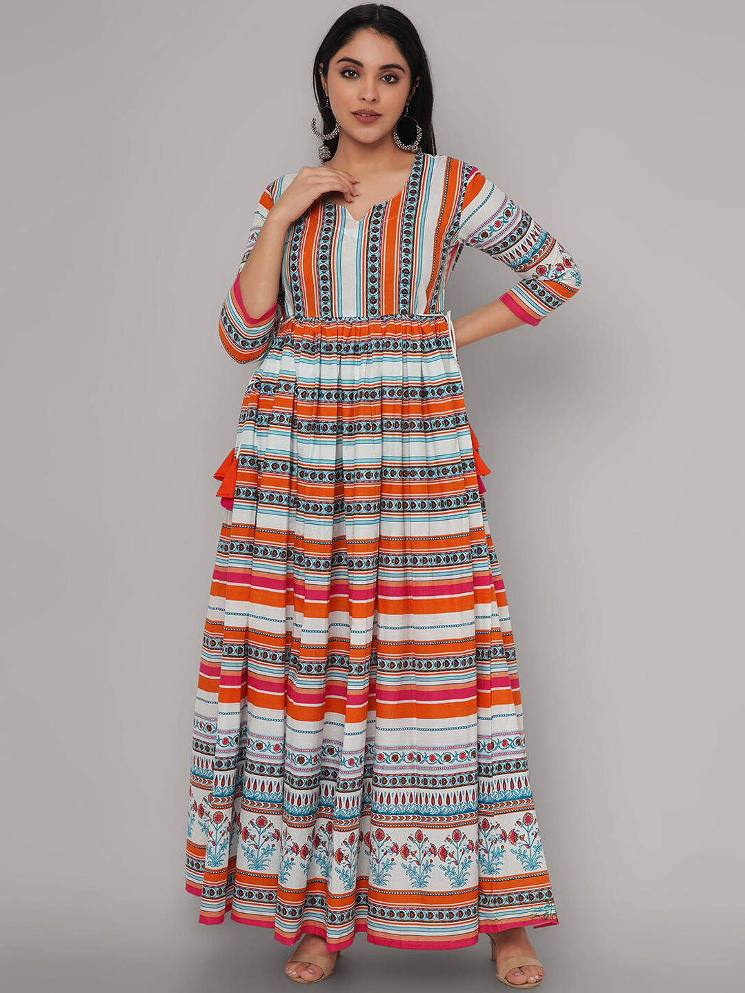 

Sanganeri Kurti Women Blue & Orange Striped Anarkali Kurta