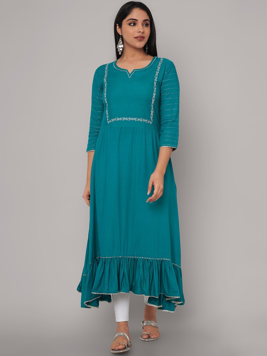 

Sanganeri Kurti Women Teal & White Floral Embroidered Kurta