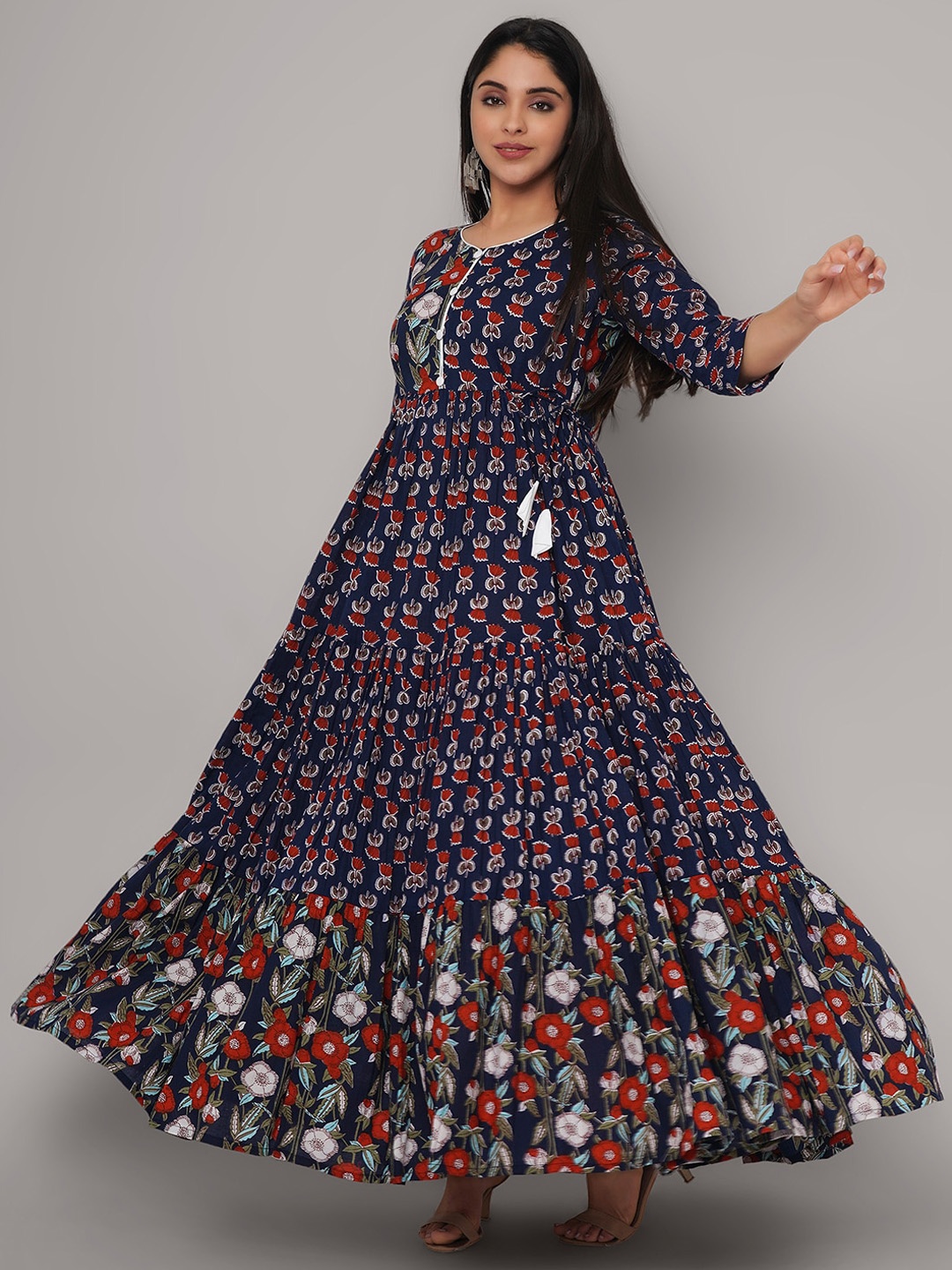 

Sanganeri Kurti Women Navy Blue & Red Floral Printed Anarkali Kurta