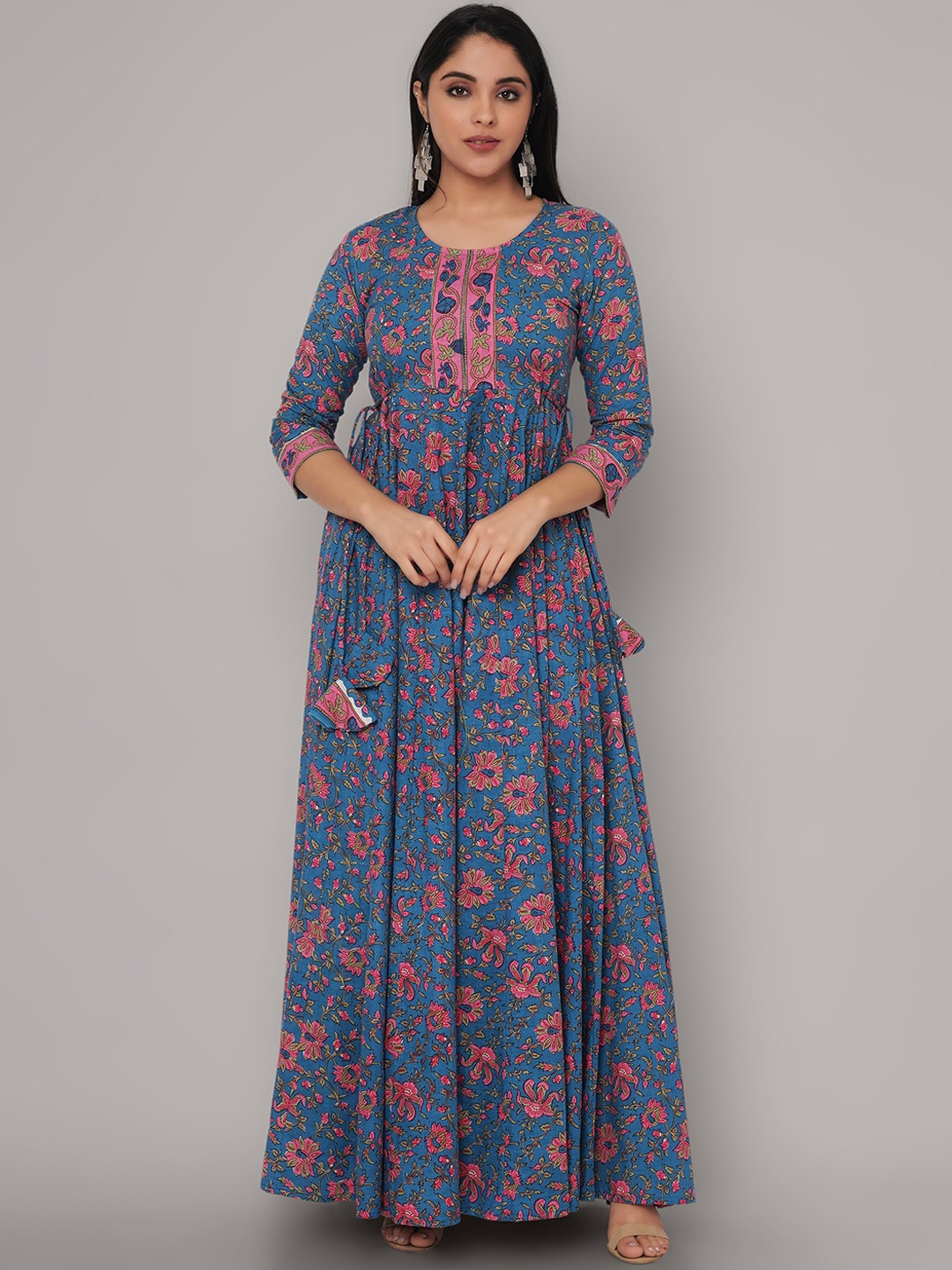 

Sanganeri Kurti Women Blue Floral Printed Thread Work Anarkali Kurta