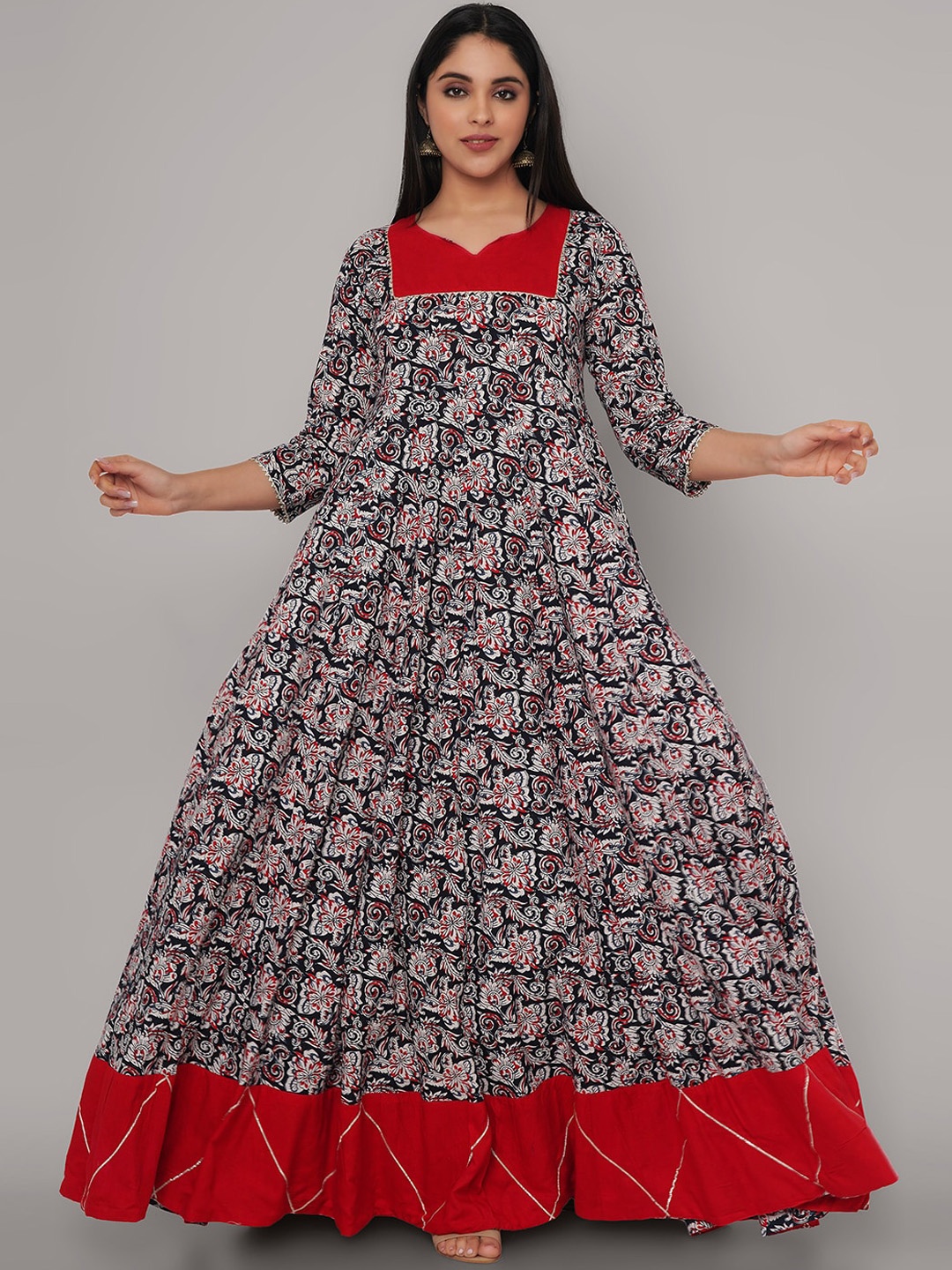 

Sanganeri Kurti Women Red & Black Ethnic Motifs Printed Handloom Anarkali Kurta