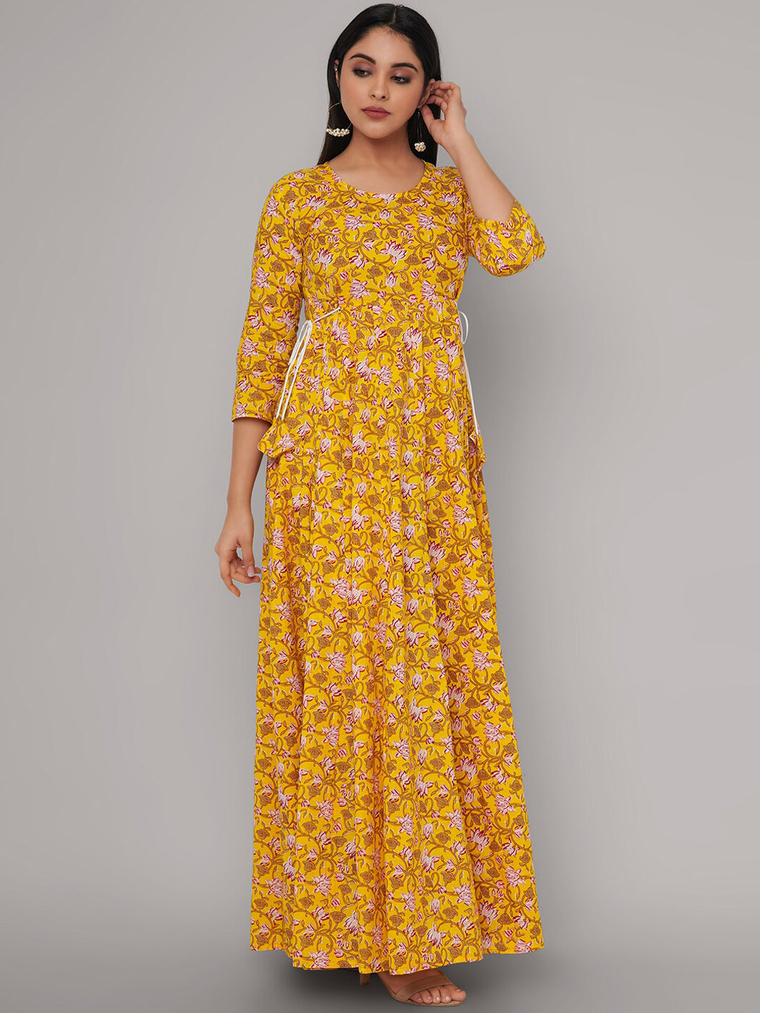 

Sanganeri Kurti Women Yellow & Pink Printed Flared Sleeves Rayon Anarkali Kurta