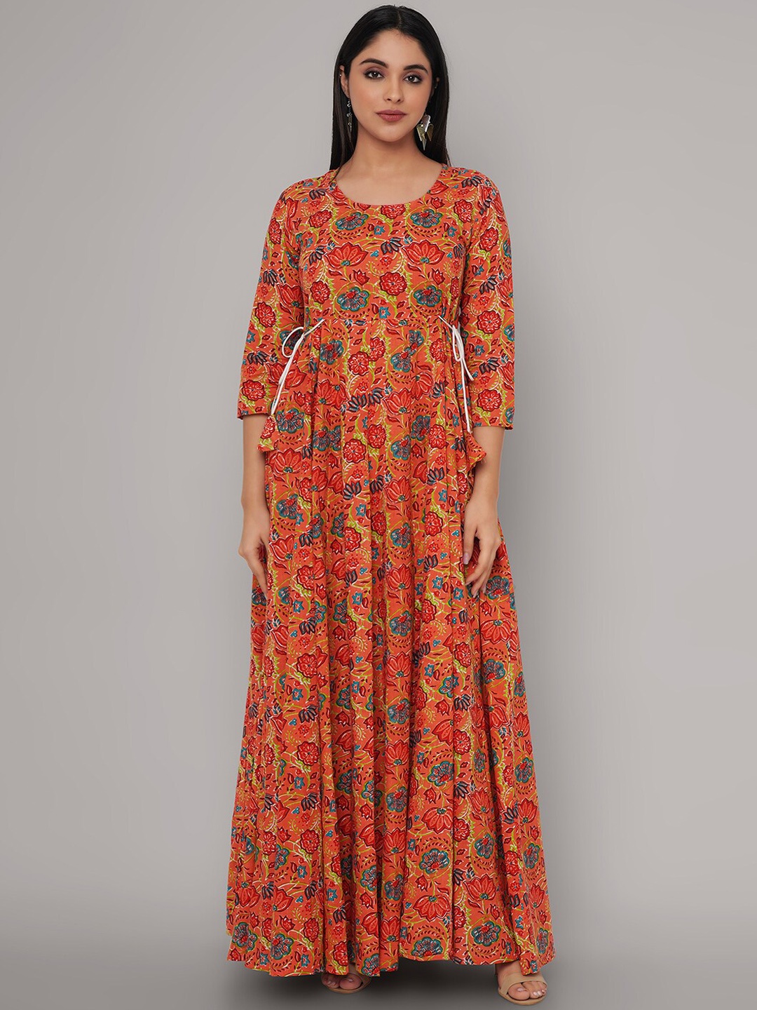 

Sanganeri Kurti Women Orange Floral Printed Handloom Anarkali Kurta