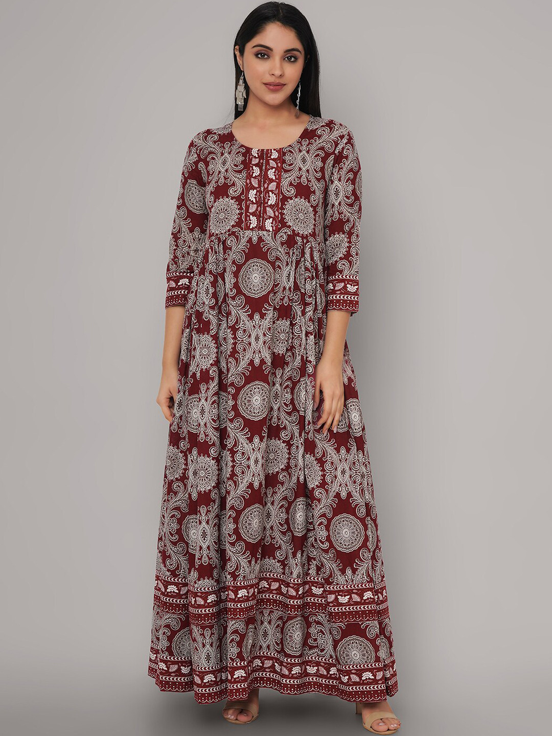 

Sanganeri Kurti Women Red & Grey Ethnic Motifs Printed Anarkali Kurta