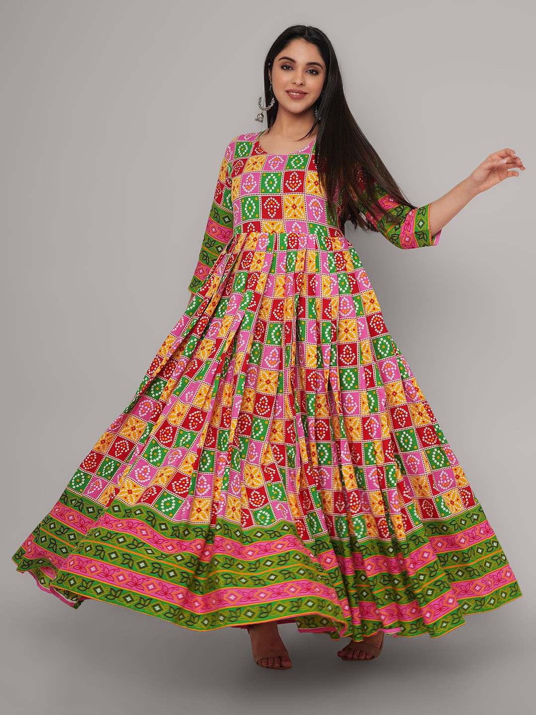 

Sanganeri Kurti Women Pink & Green Floral Printed Handloom Anarkali Kurta