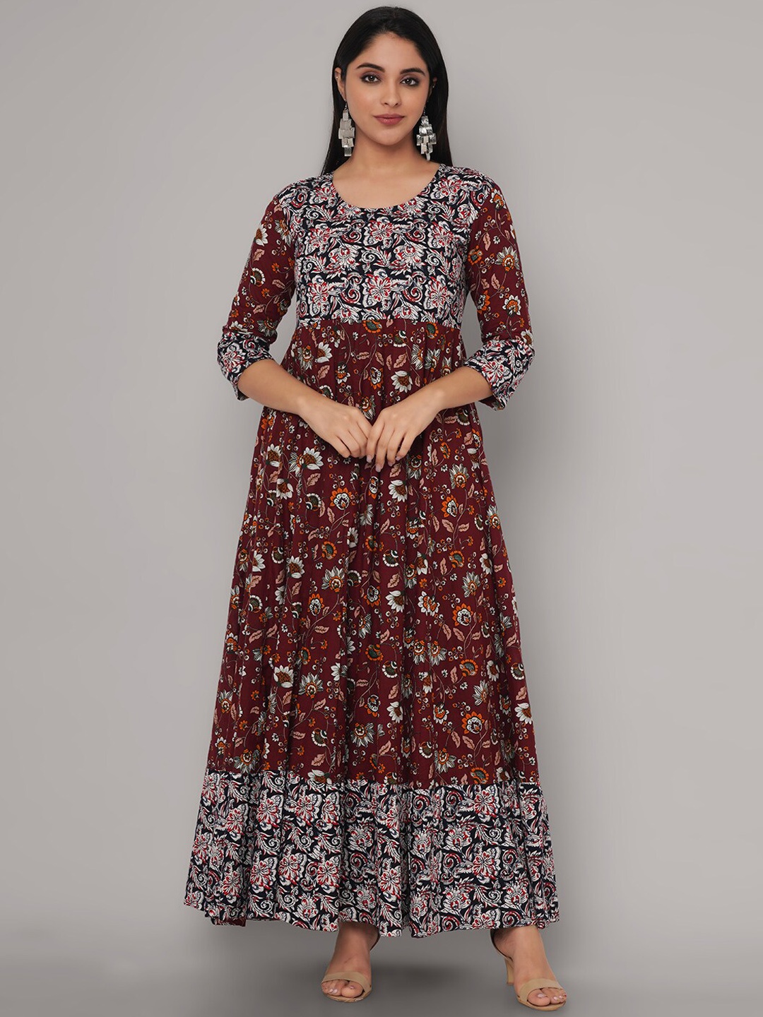 

Sanganeri Kurti Women Maroon Ethnic Motifs Printed Handloom Anarkali Kurta