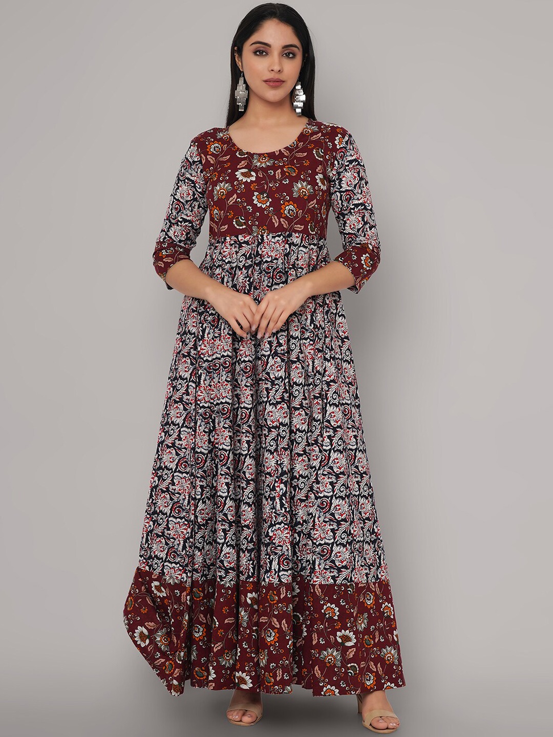 

Sanganeri Kurti Women Maroon Floral Printed Handloom Anarkali Kurta