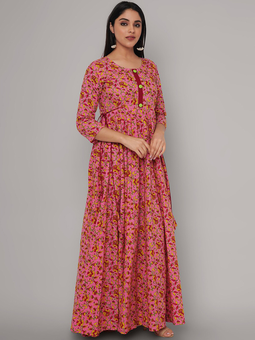 

Sanganeri Kurti Women Pink Ethnic Motifs Printed Handloom Anarkali Kurta