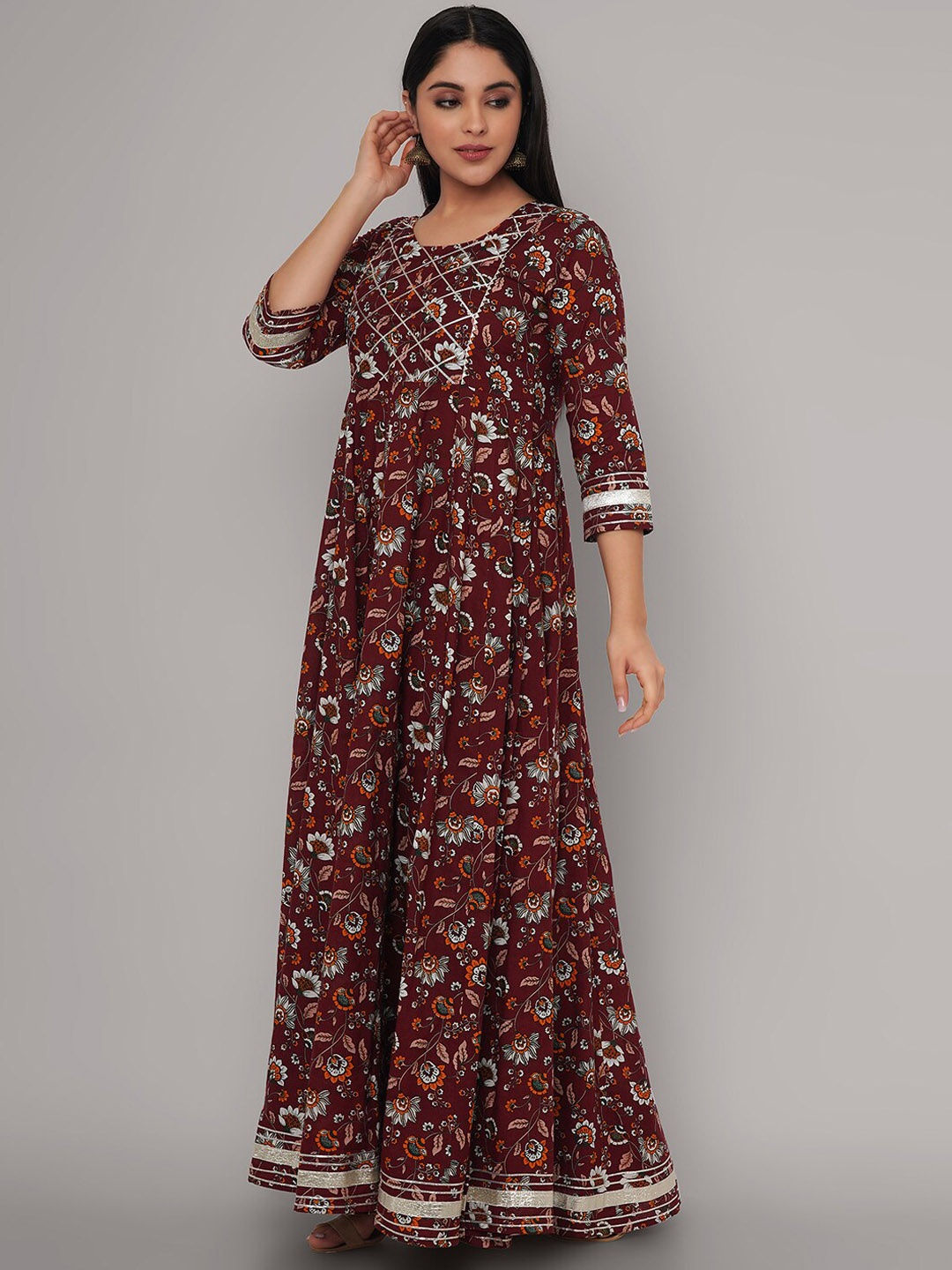 

Sanganeri Kurti Women Maroon Ethnic Motifs Printed Handloom Anarkali Kurta