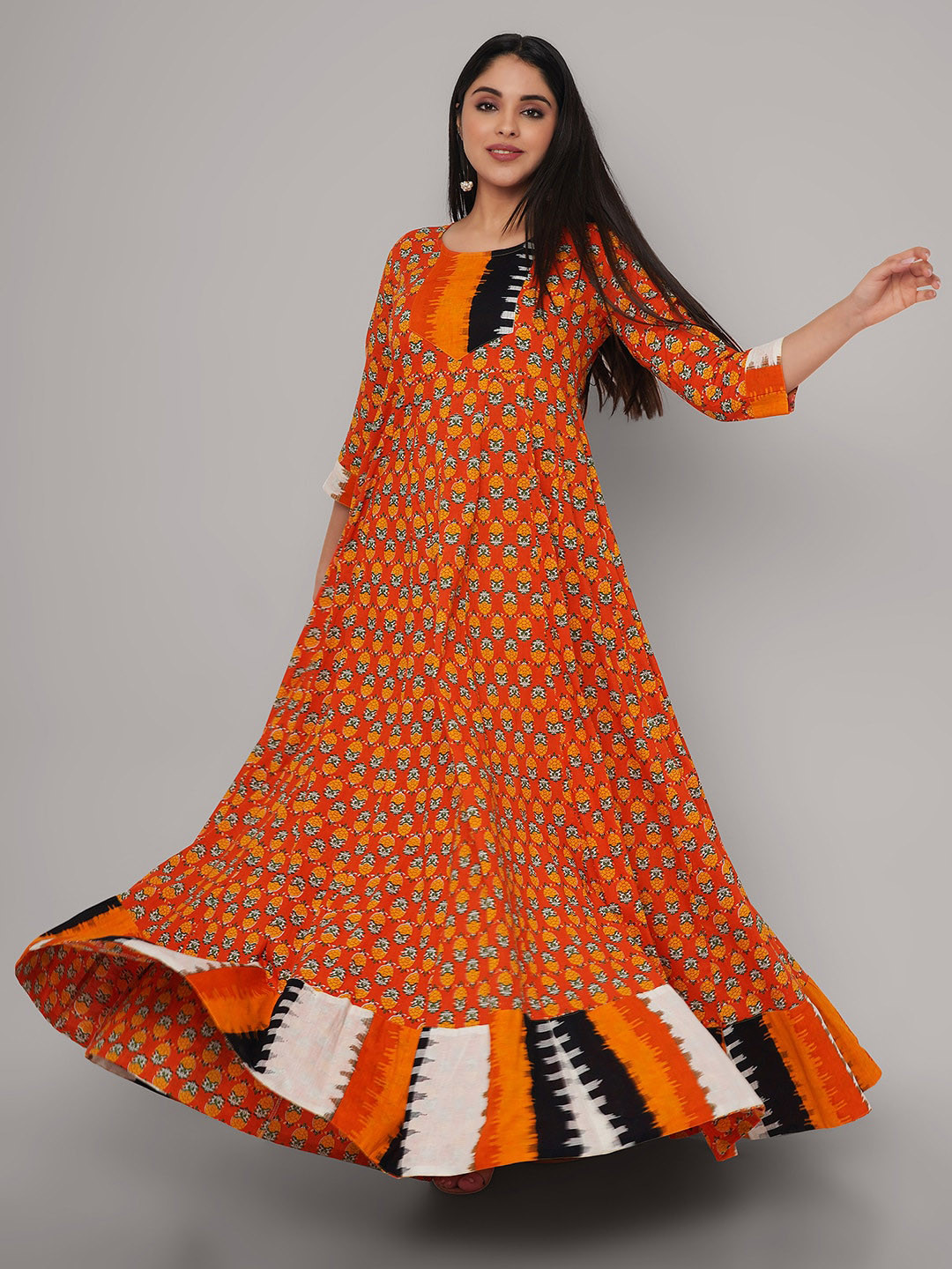 

Sanganeri Kurti Women Orange Geometric Printed Handloom Anarkali Kurta