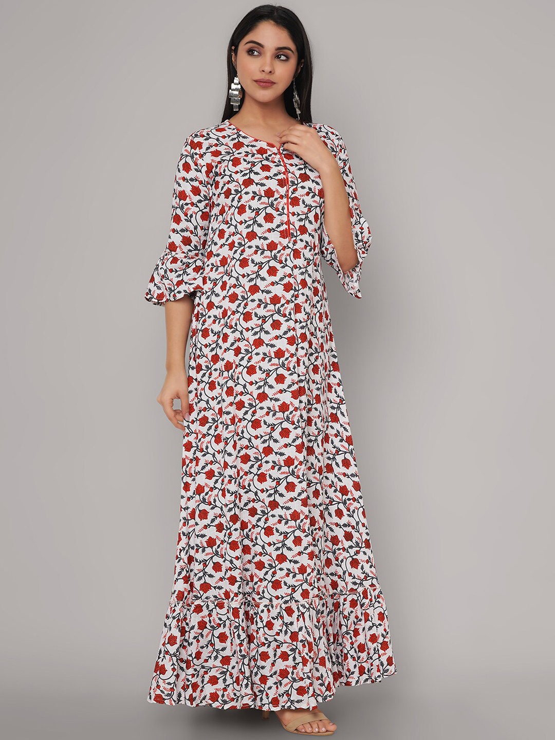 

Sanganeri Kurti Women White Floral Printed Handloom Anarkali Kurta