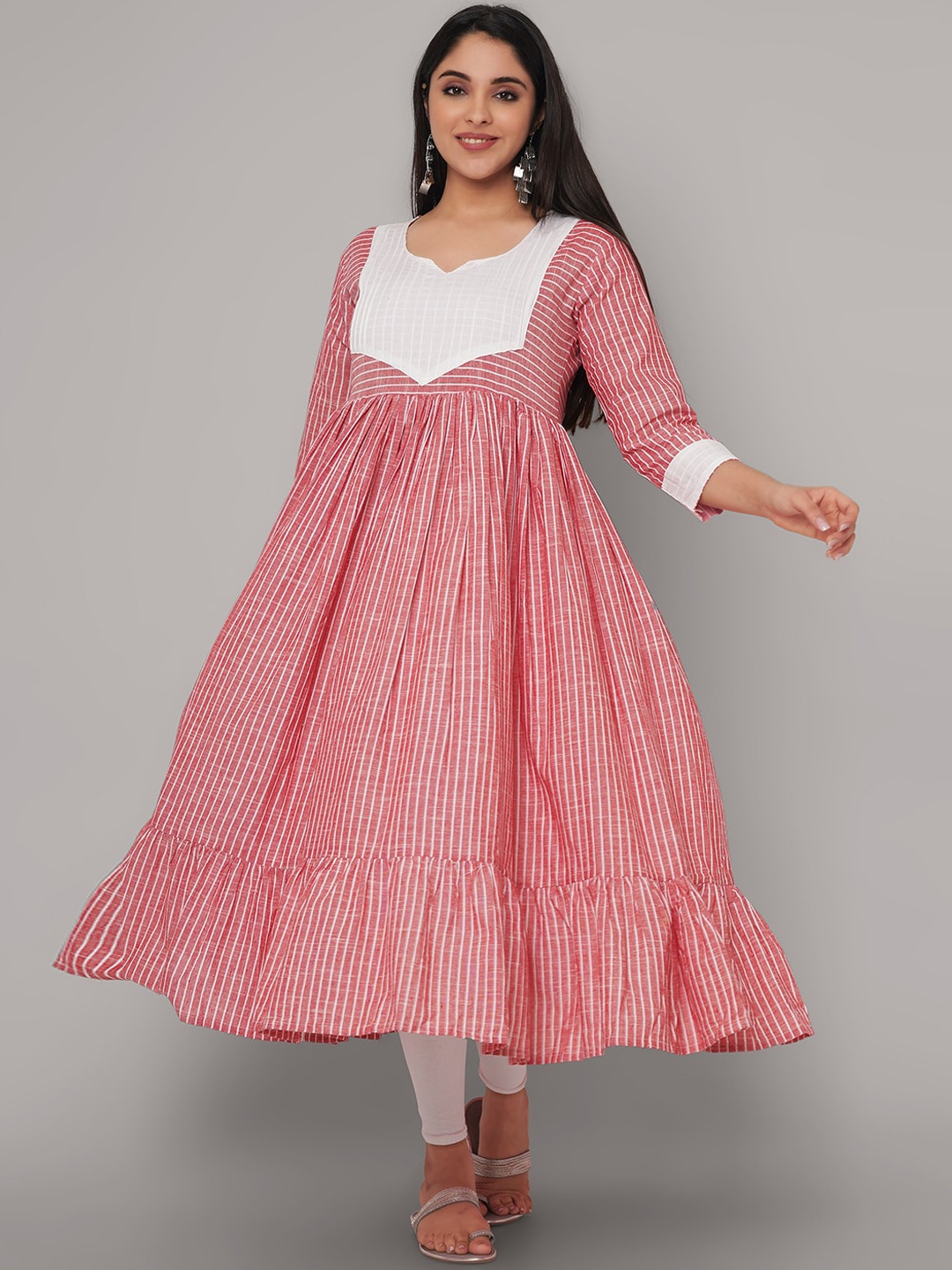 

Sanganeri Kurti Women Pink Striped Patchwork Handloom Anarkali Kurta