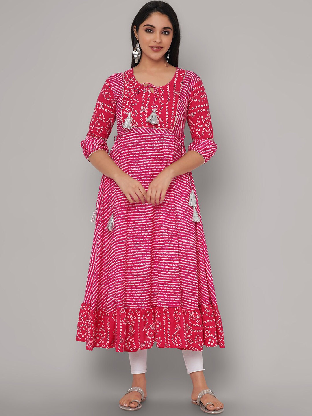 

Sanganeri Kurti Women Pink Bandhani Printed Flared Sleeves Handloom Anarkali Kurta