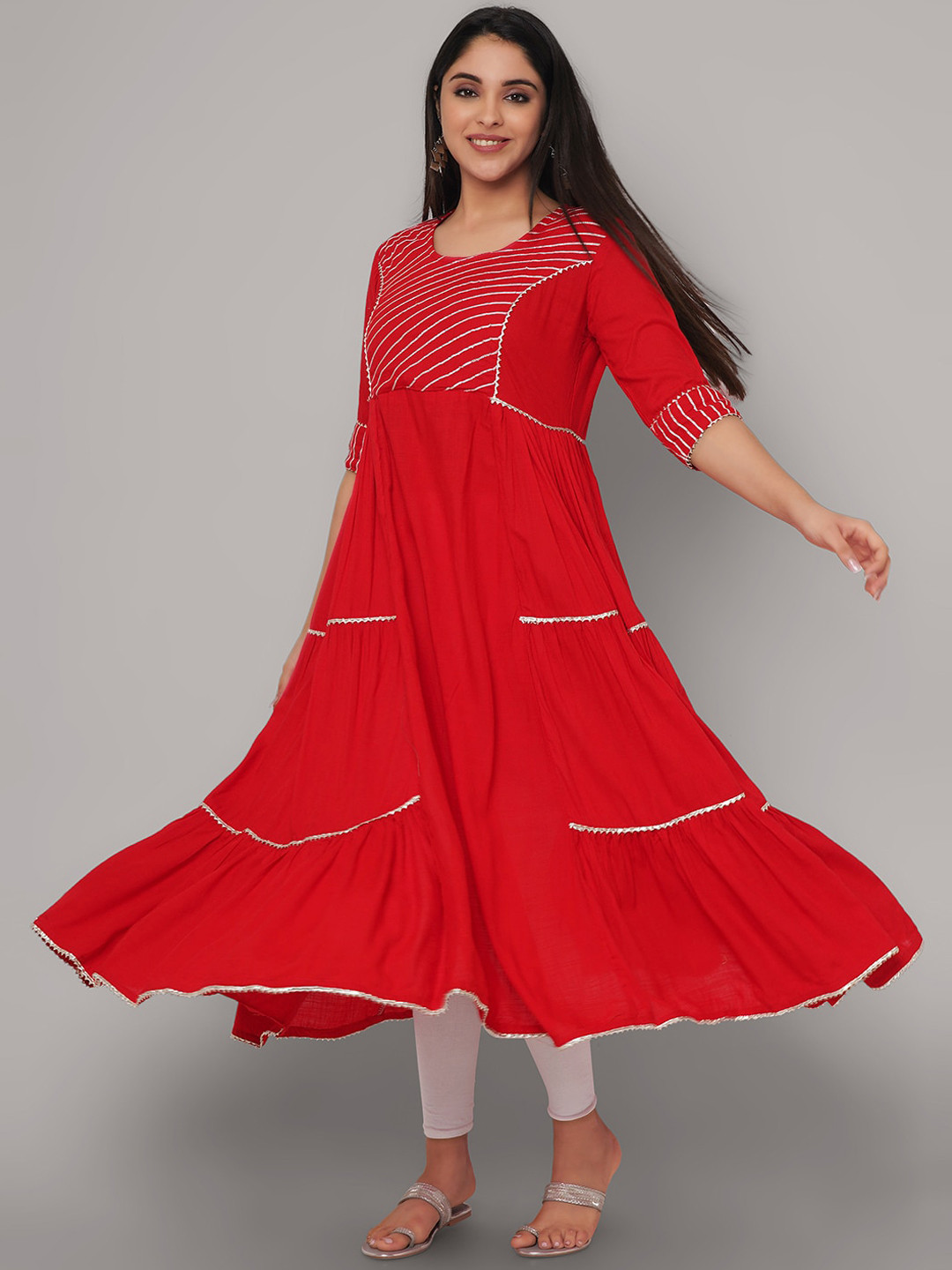 

Sanganeri Kurti Women Red Gotta Patti Anarkali Kurta