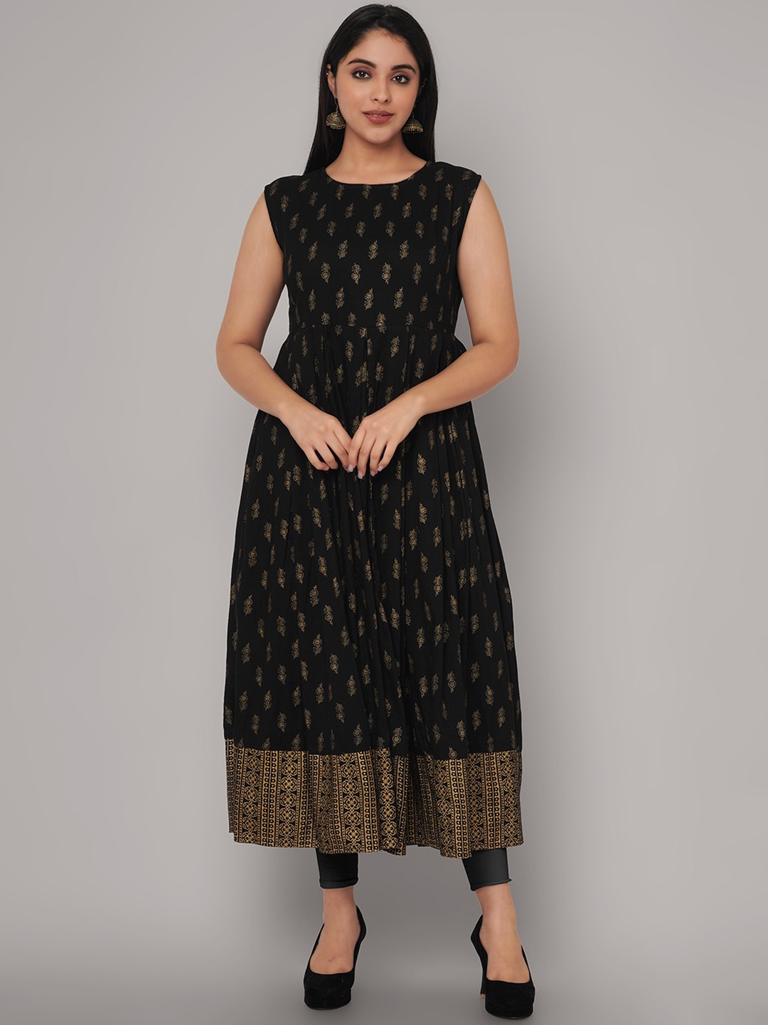 

Sanganeri Kurti Women Black & Golden Ethnic Motifs Printed Anarkali Kurta