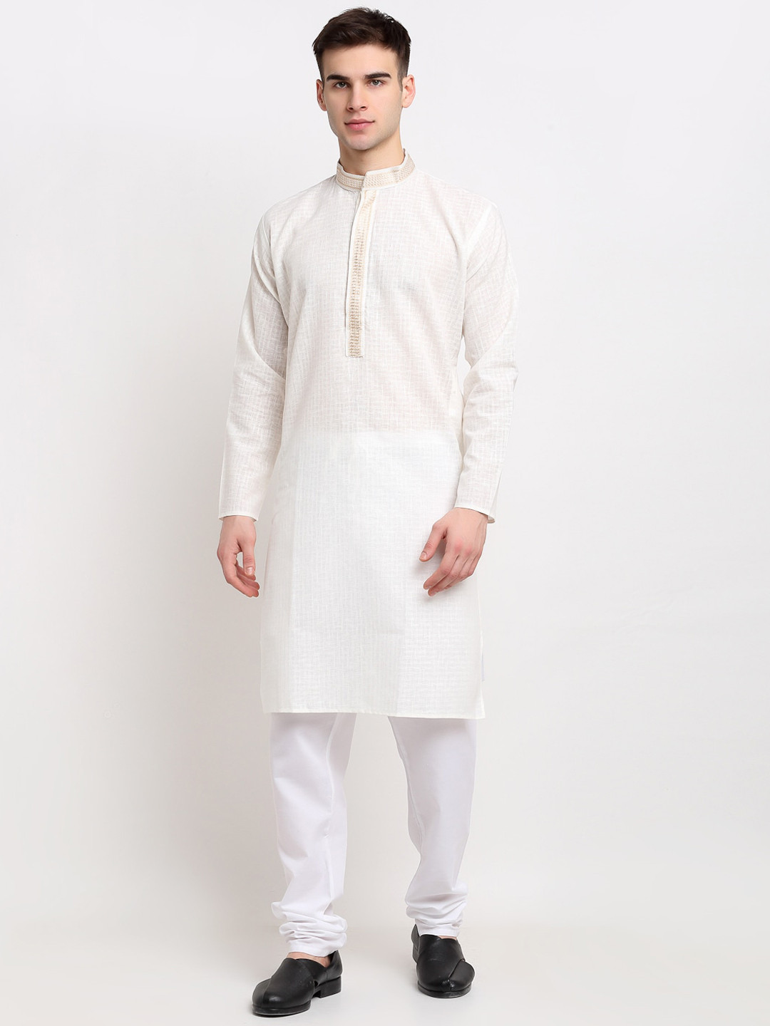 

Jompers Men White Yoke Design Pure Cotton Kurti with Pyjamas