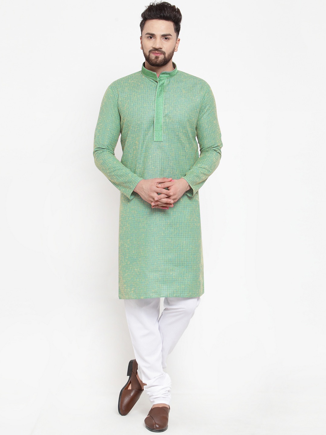 

Jompers Men Green Yoke Design Pure Cotton Kurta with Churidar