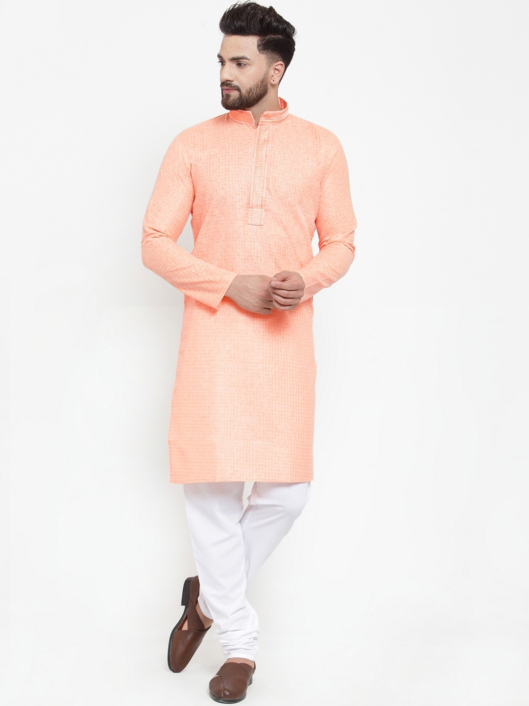 

Jompers Men Peach-Coloured Yoke Design Pure Cotton Kurta with Pyjamas