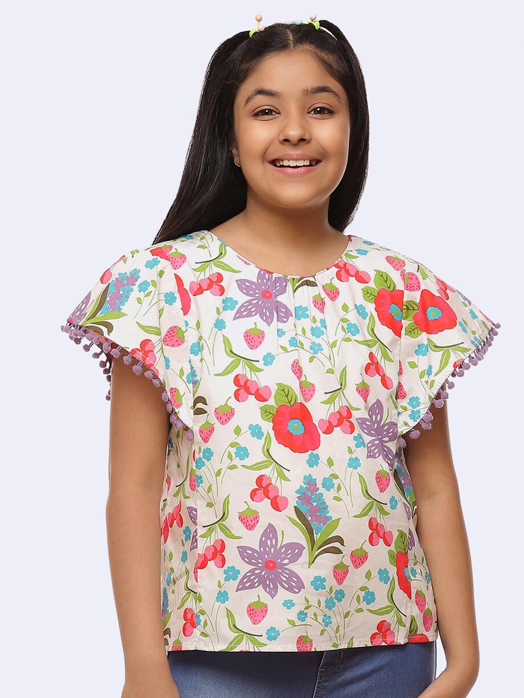 

CACA CINA Girls Off White Floral Print Cotton Top