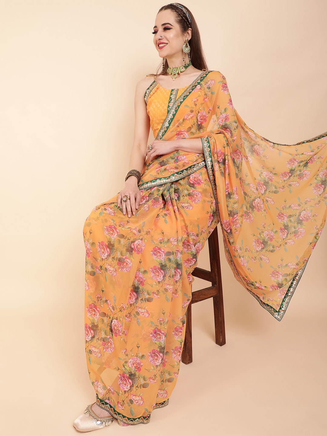 

Sangria Mustard & Green Floral Sequinned Pure Georgette Saree