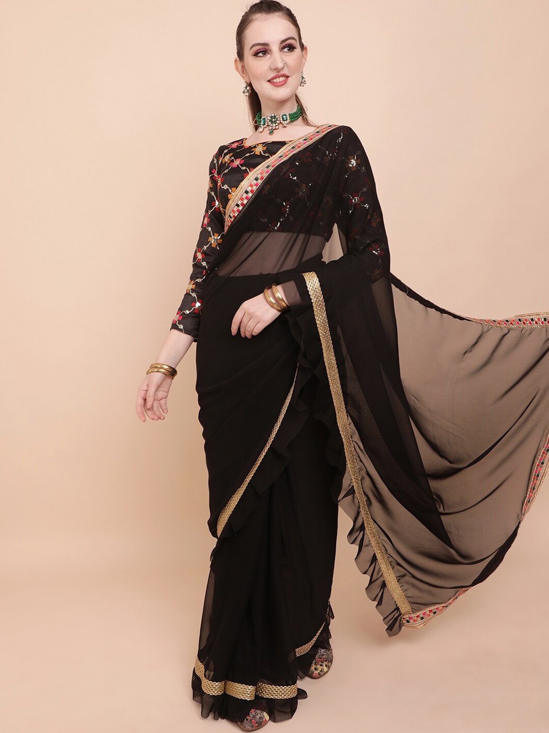 

Sangria Black & Gold-Toned Embellished Kutchi Embroidery Pure Georgette Saree