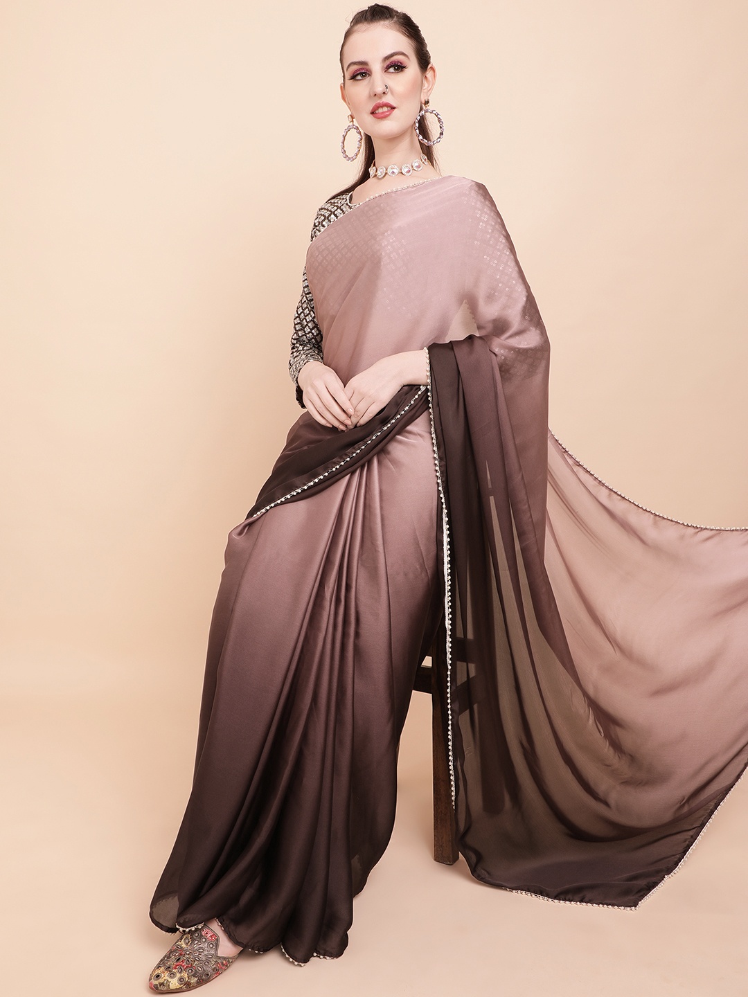 

Sangria Brown Ombre Satin Saree
