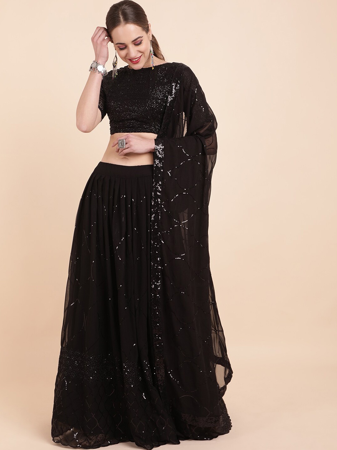 

Sangria Black Embellished Sequinned Ready to Wear Lehenga & Semi-Stitched Blouse With Dupatta