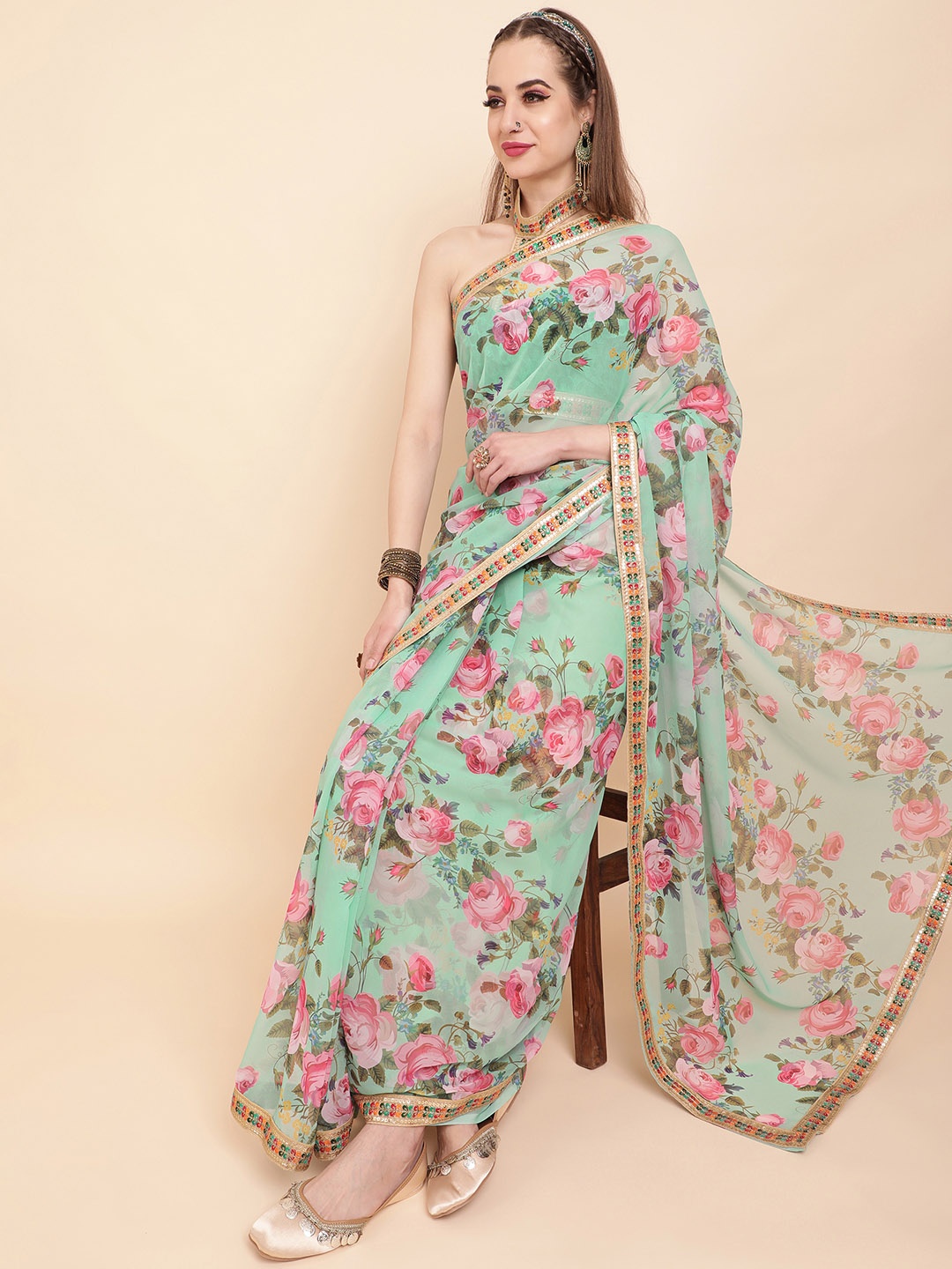 Sangria Turquoise Blue & Pink Floral Sequinned Pure Georgette Saree