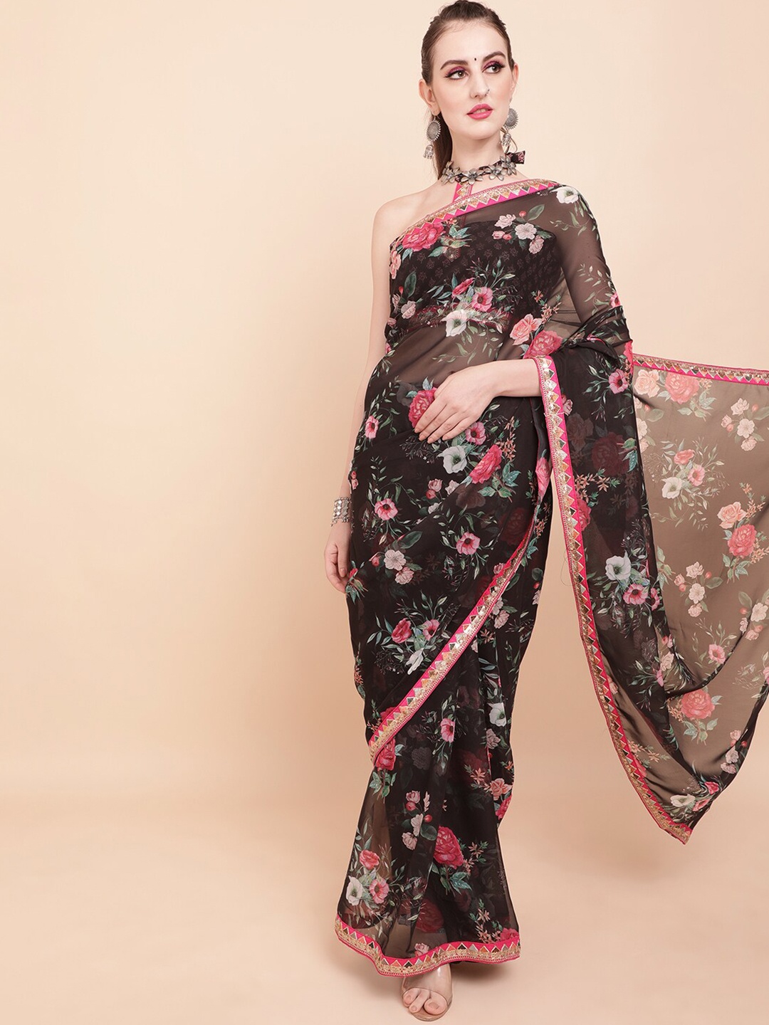 

Sangria Black & Pink Floral Printed Sequinned Pure Georgette Saree