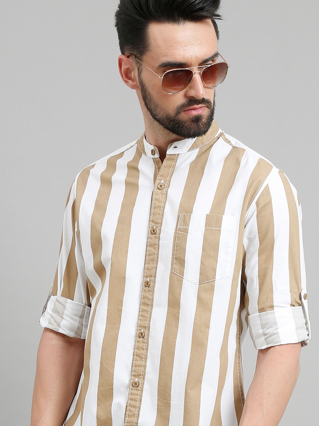 

HERE&NOW Men Khaki Slim Fit Striped Cotton Casual Shirt