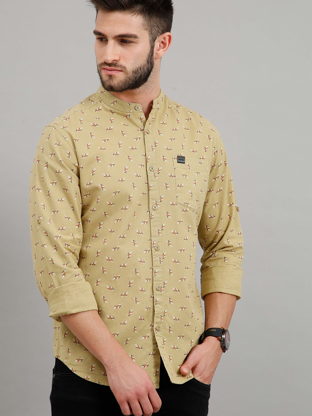 

HERE&NOW Men Beige Slim Fit Floral Printed Cotton Casual Shirt