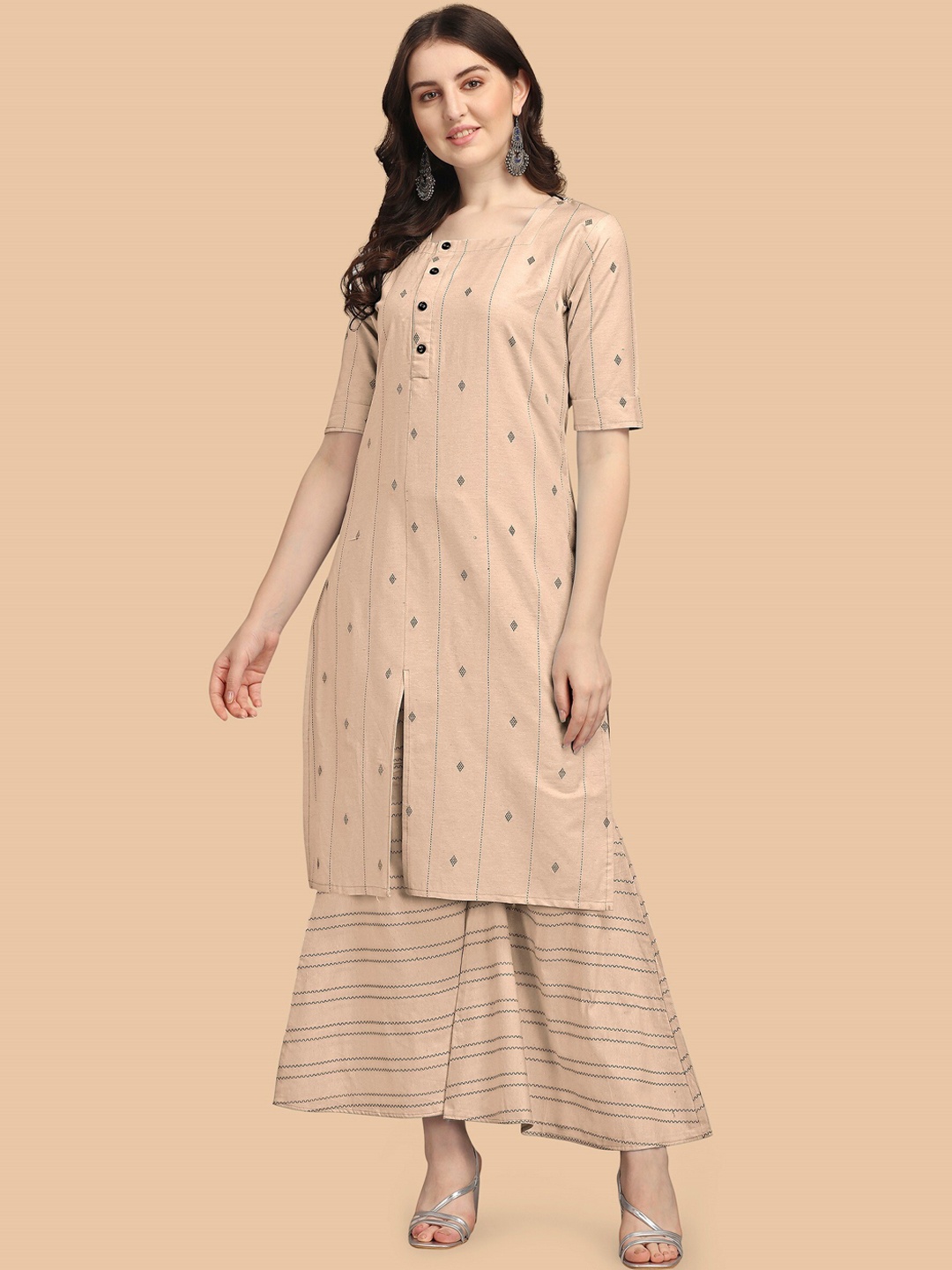

KALINI Women Beige Embroidered Kurta with Palazzos