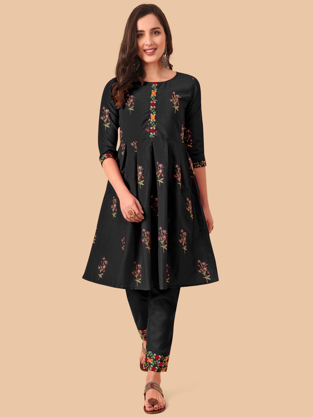 

KALINI Women Black Floral Printed Pleated Kurti with Trousers