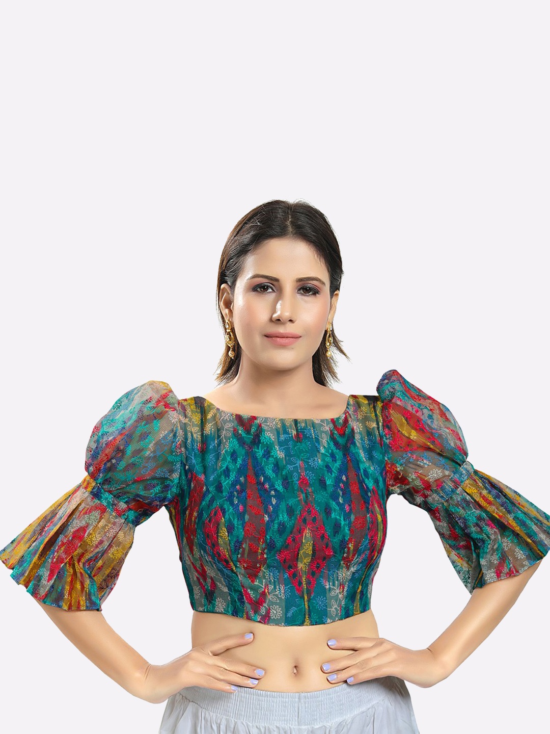 

SALWAR STUDIO Women Rama Green Net Printed Ready made Saree Blouse