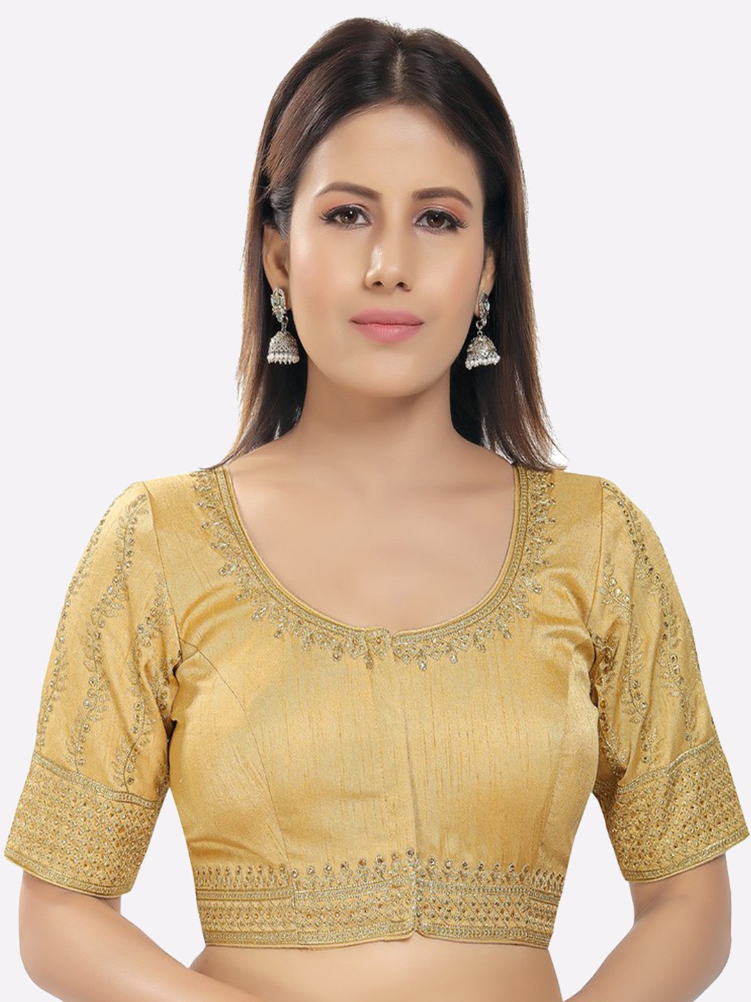 

Salwar Studio Women's Gold Silk Embroidered Readymade Saree Blouse