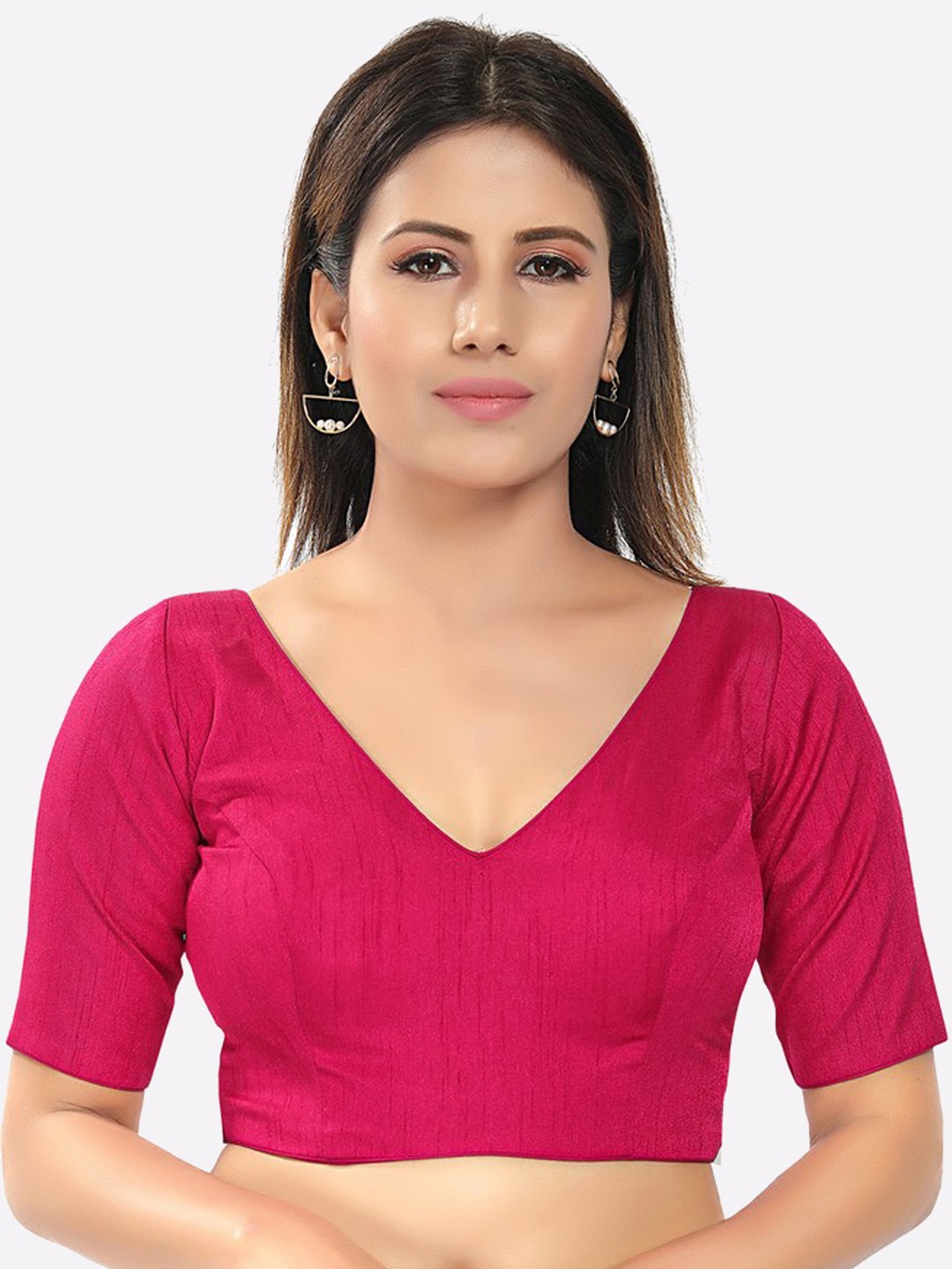 

SALWAR STUDIO Silk V-Neck Readymade Blouse with Short Sleeves, Pink