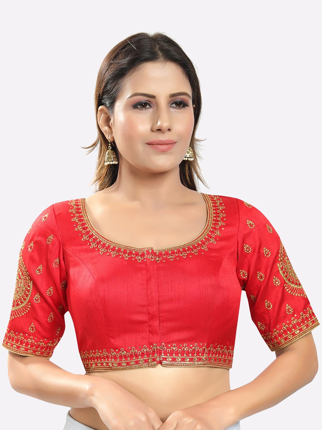 

SALWAR STUDIO Women Red Silk Embroidered Readymade Saree Blouse