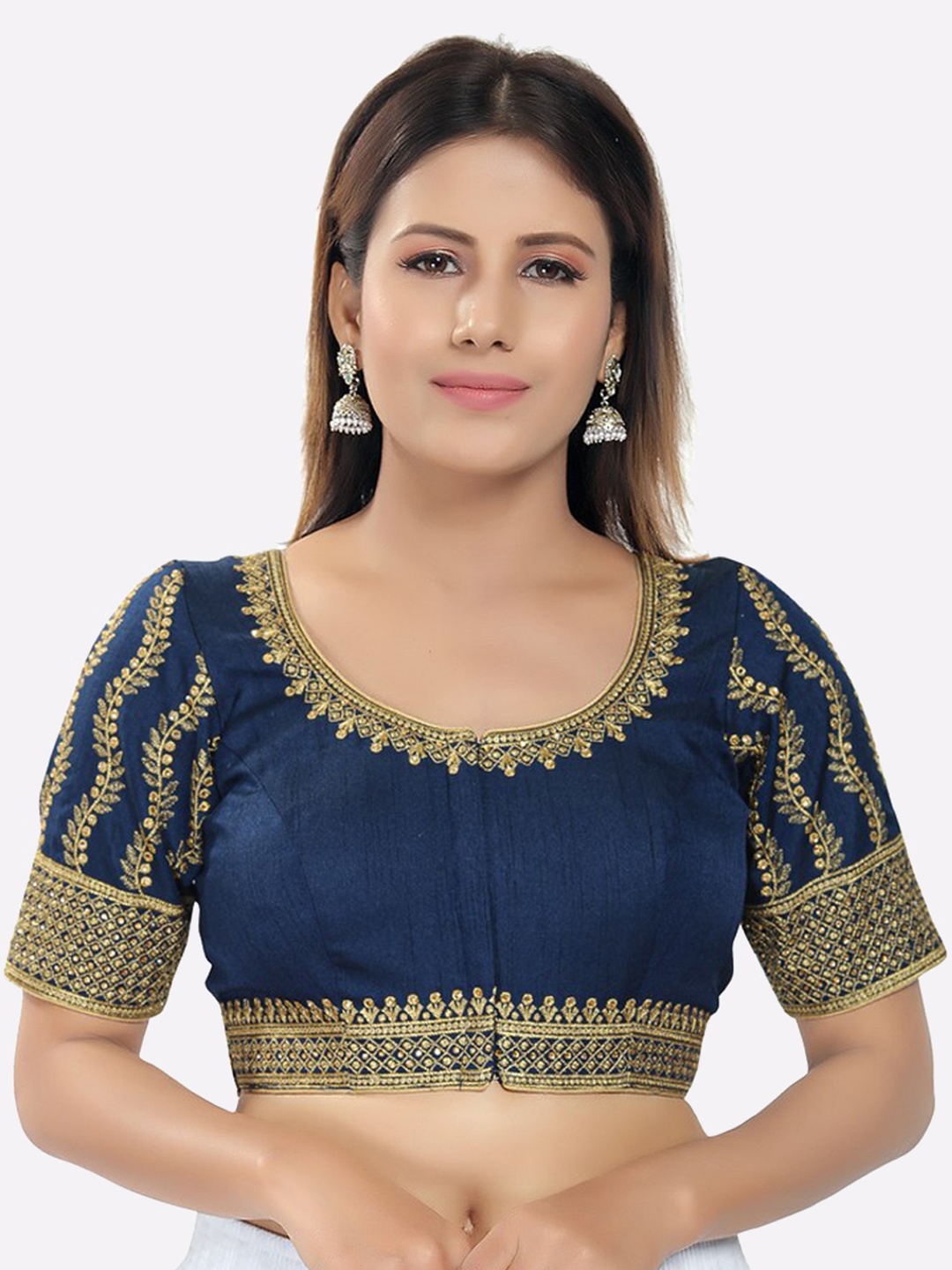 

SALWAR STUDIO Women Navy Blue & Golden Silk Embroidered Saree Blouse
