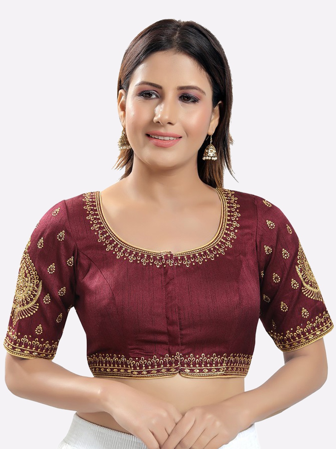 

SALWAR STUDIO Women Dark Maroon Jain Silk Embroidered Readymade Saree Blouse