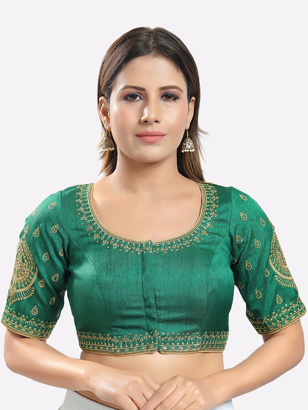 

SALWAR STUDIO Women Green & Gold-Coloured Jain Silk Embroidered Readymade Saree Blouse