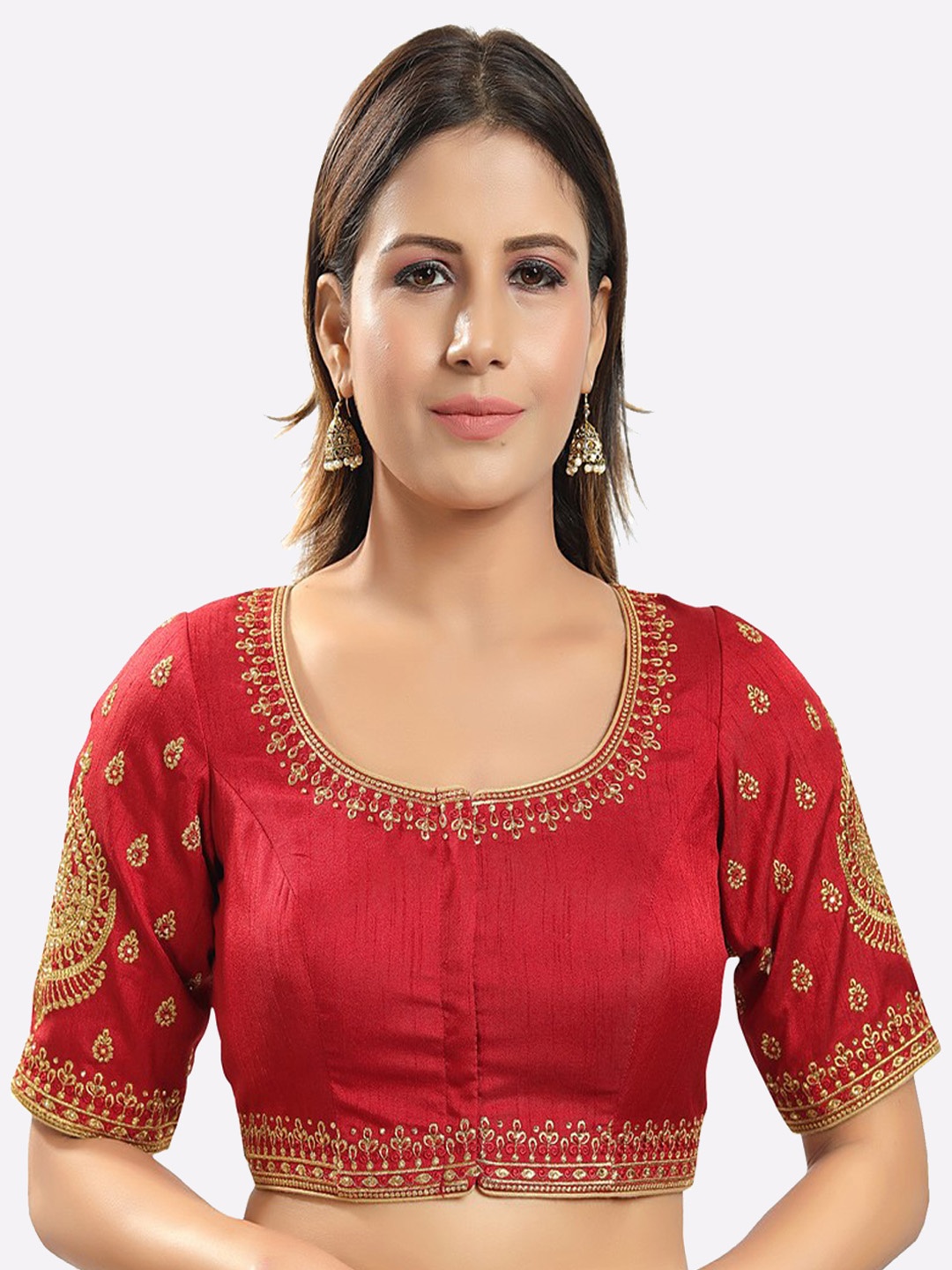

SALWAR STUDIO Women Maroon Jain Silk Embroidered Readymade Saree Blouse