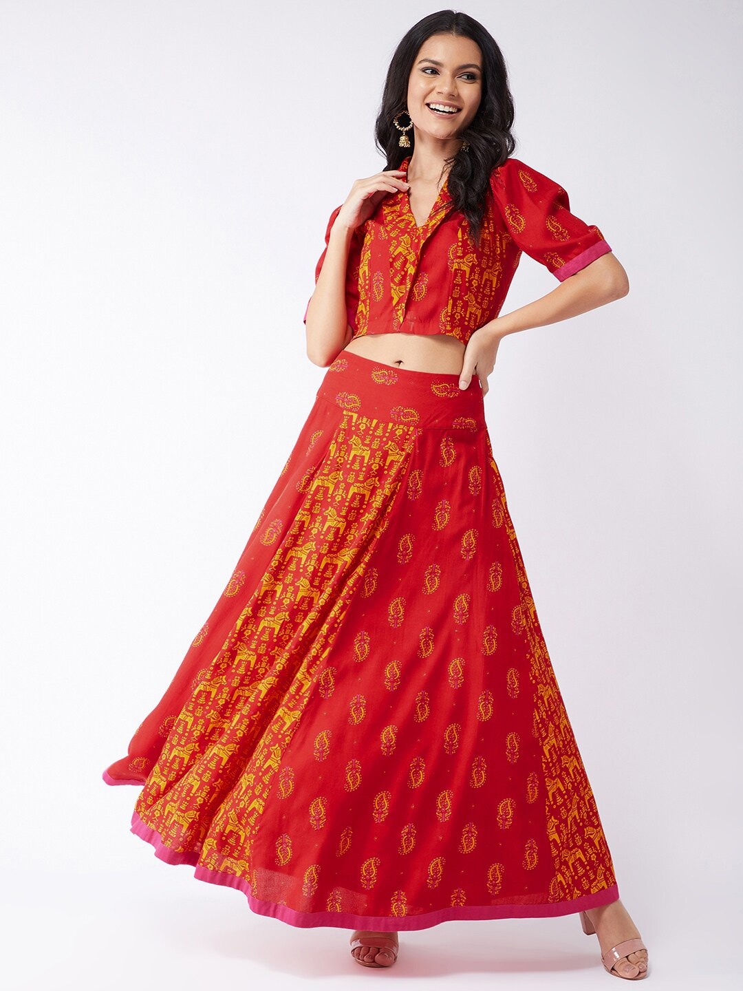 

Pannkh Women Red & Yellow Digital Printed Top with Skirt