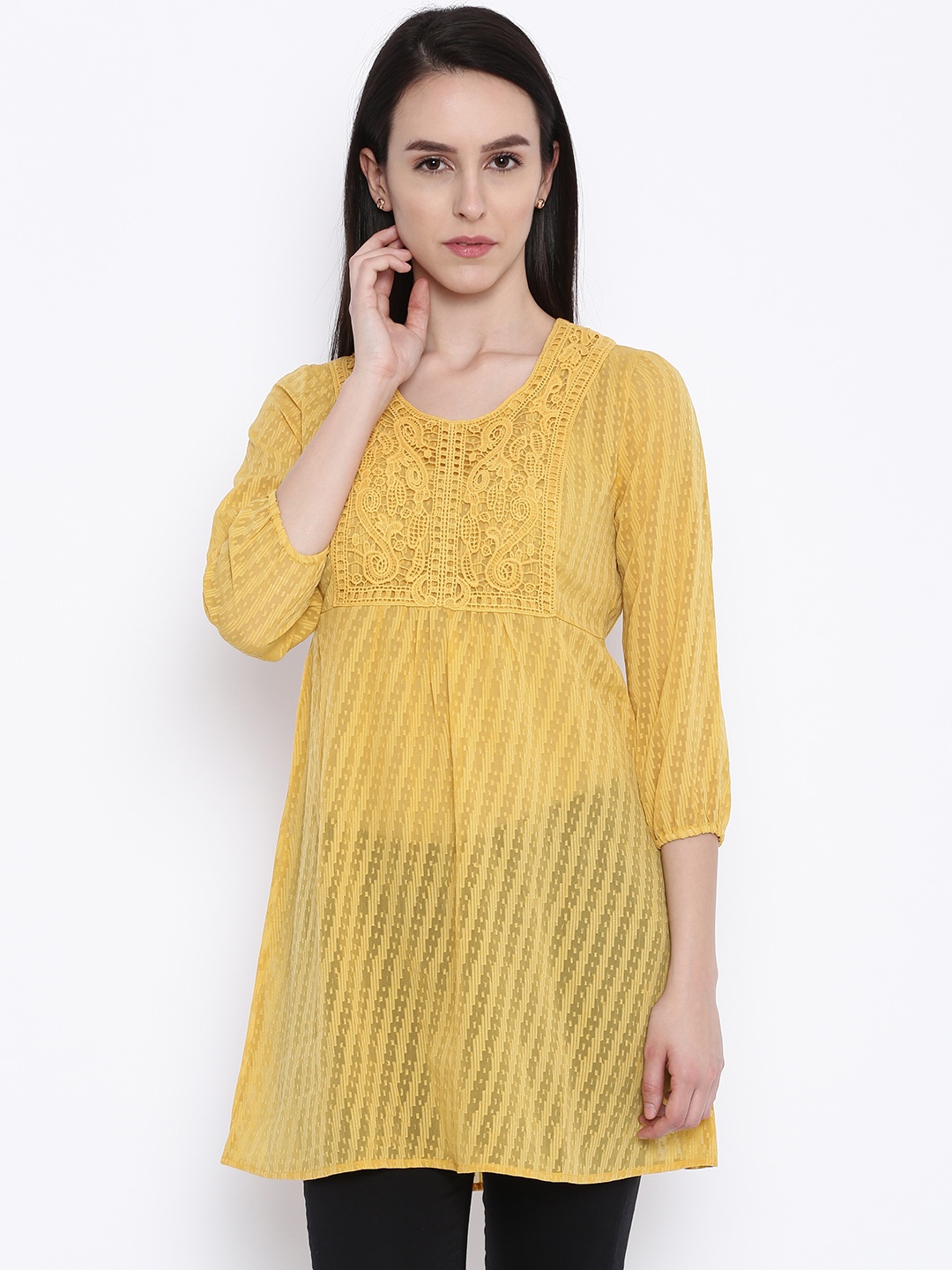 

Fusion Beats Women Mustard Yellow Woven Design Tunic