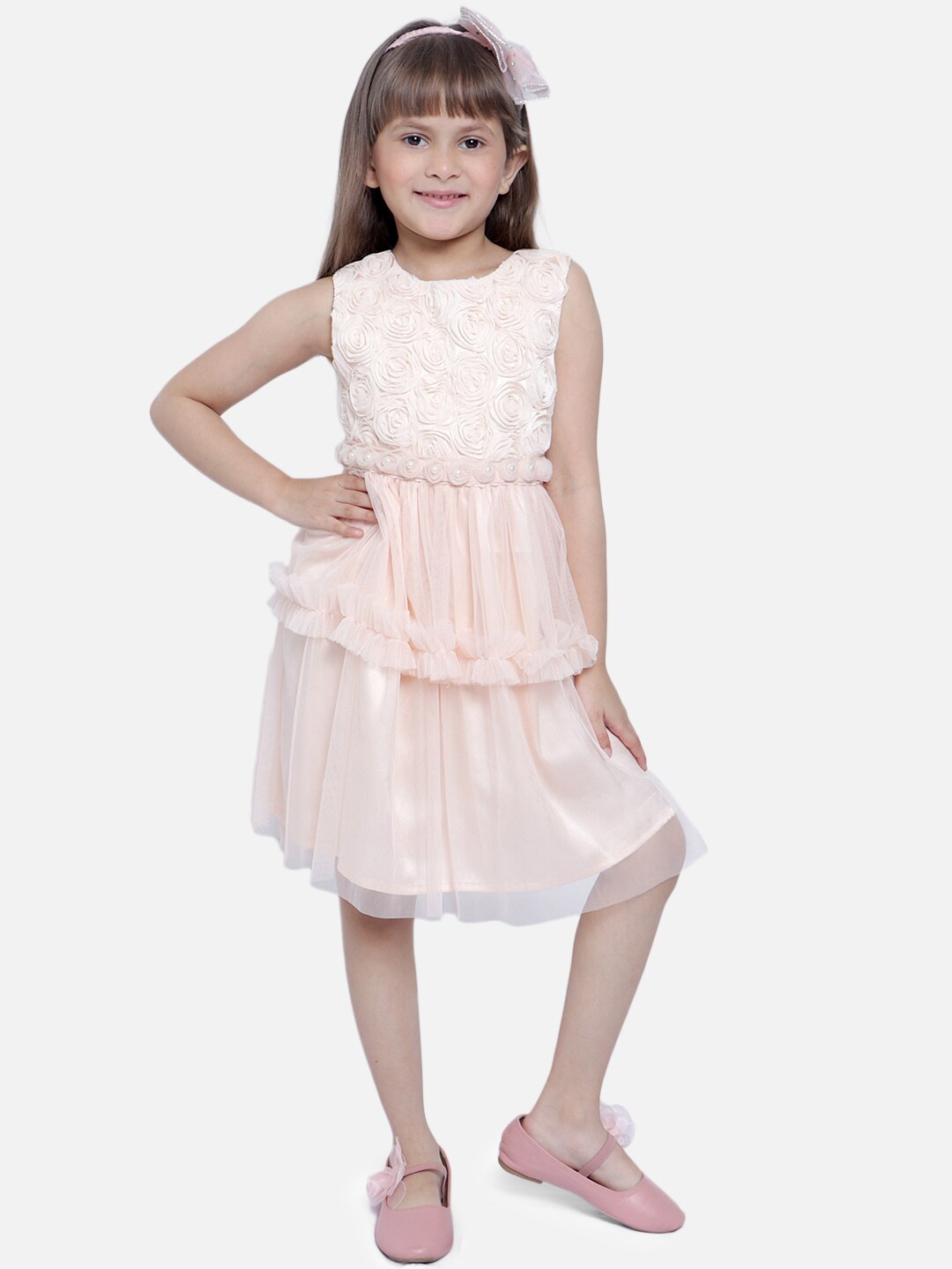 

Nauti Nati Girls Peach-Coloured Net Party Dress