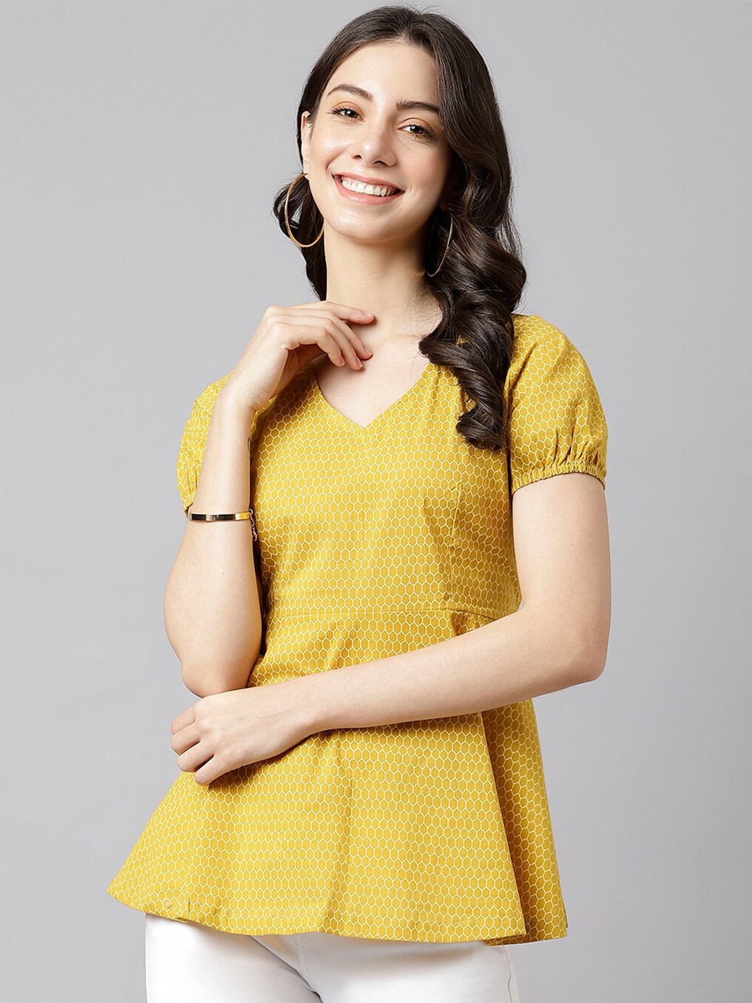

DECKEDUP Women Mustard Yellow Geometric Print Cotton Peplum Top