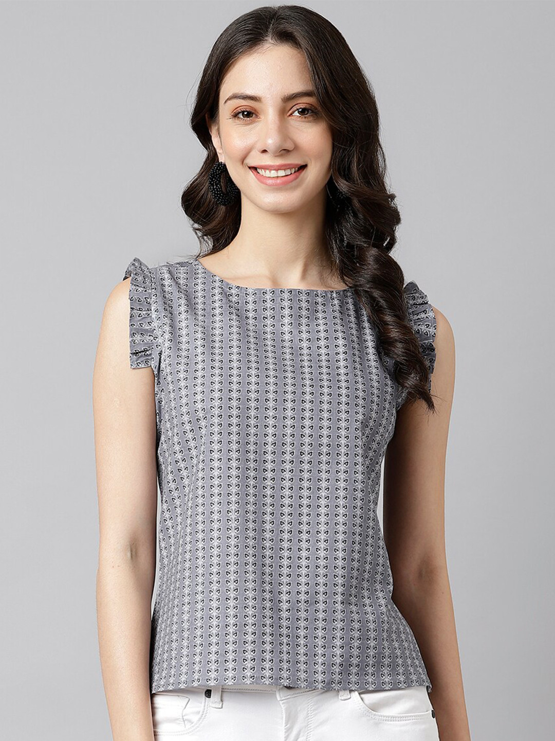 

DECKEDUP Women Grey Printed Pure Cotton Top
