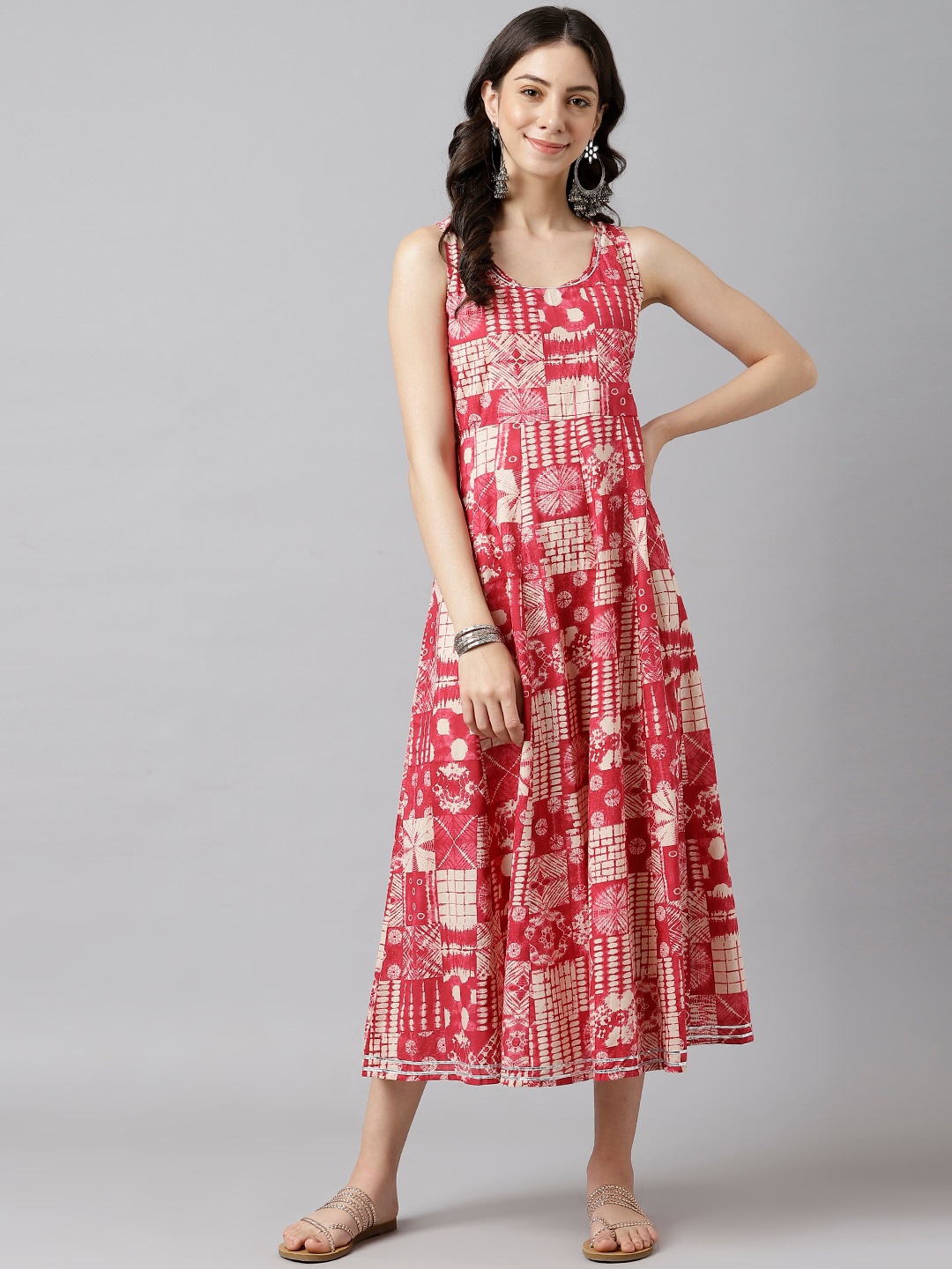 

DECKEDUP Women Pink Floral A-Line Cotton Midi Dress